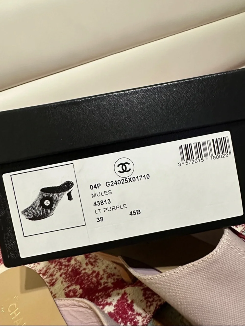 CHANEL Light Purple Canvas Mules with Red Flower Accent